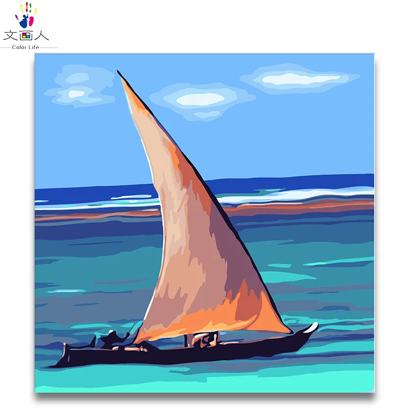 

Seascape sailboat oil painting by numbers with kits diy draw on canvas coloring pictures by the number for room wall decor