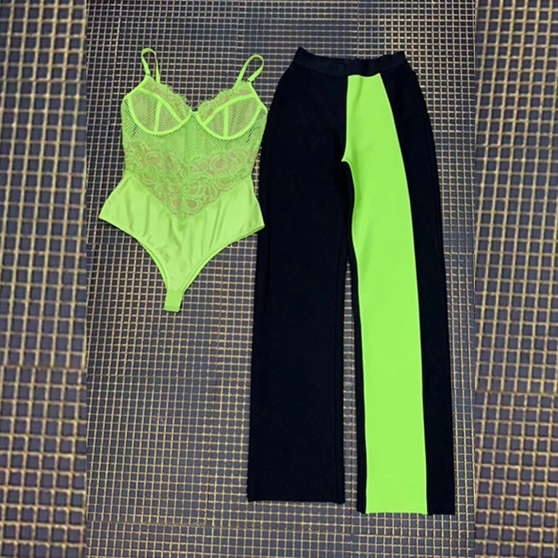 Модный летний сексуальный комплект из двух предметов, боди и штаны, черный с зеленым Лоскутная повязка, комбинезон для знаменитостей, Клубная одежда