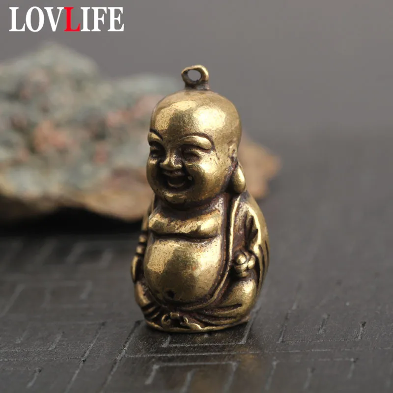 Винтажная статуя Будды Maitreya из твердой латуни цепочка для ключей подвески чистой