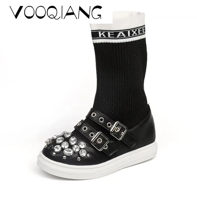 

VOOQIANG New Winter Sequin Buckle Boots Martin Boots Kids Shoes Boys Girls Snow Boots Socks Shoes Girls Boys Plush Fashion Boots