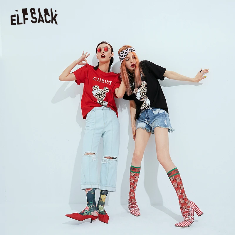 قزم SACK القطن إلكتروني طباعة النساء تي شيرت أزياء ليوبارد يزين عارضة س الرقبة فام تي شيرت 2019 الصيف المتضخم المحملة قمم