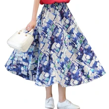 Синяя Расклешенная юбка с высокой талией и цветочным принтом; сезон весна-осень-лето; плиссированная Женская юбка до щиколотки; повседневная юбка в китайском стиле