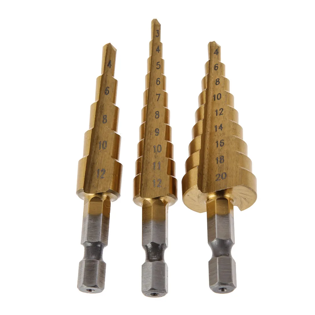 3pcs Titanium Step Core Drill Bits Set HSS Power Tools 3-12mm 4-12mm 4-20mm High Speed Steel Woodworking Wood Metal Drilling Set 3pcs Titanium Step Core Drill Bits Set HSS Power Tools 3-12mm 4-12mm 4-20mm High Speed Steel Woodworking Wood Metal Drilling Set