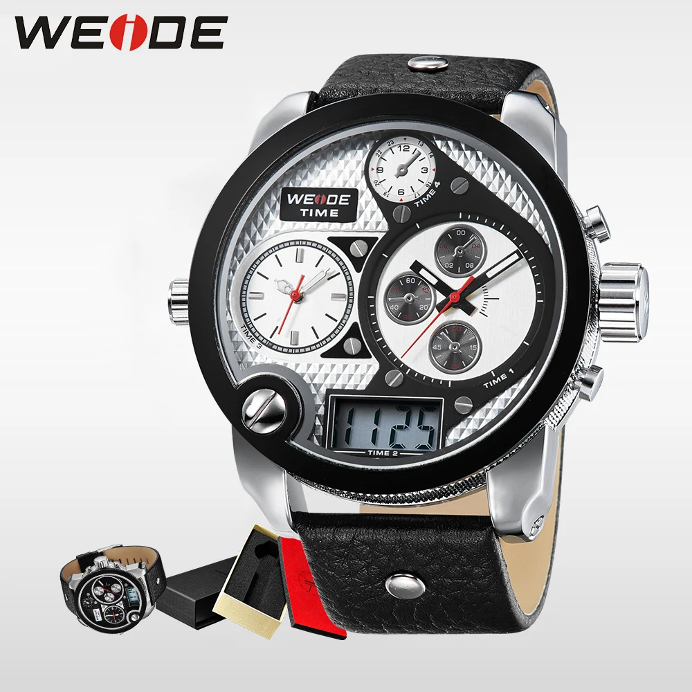 

WEIDE Brand Men Multi Timer Watch LCD Quartz 3ATM Water Resistant Leather Strap Big Round Dial Wristwatches Gift for Men clock