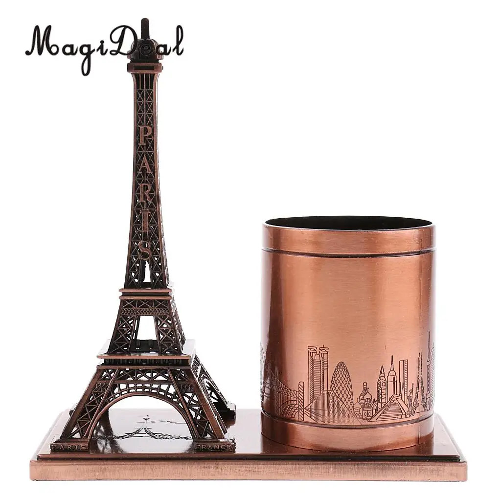 Desktop Organizer Pencil Pen Case Holder Retro Figurines Eiffel Tower Model Metal Crafts Home Decor Miniature Student Gift