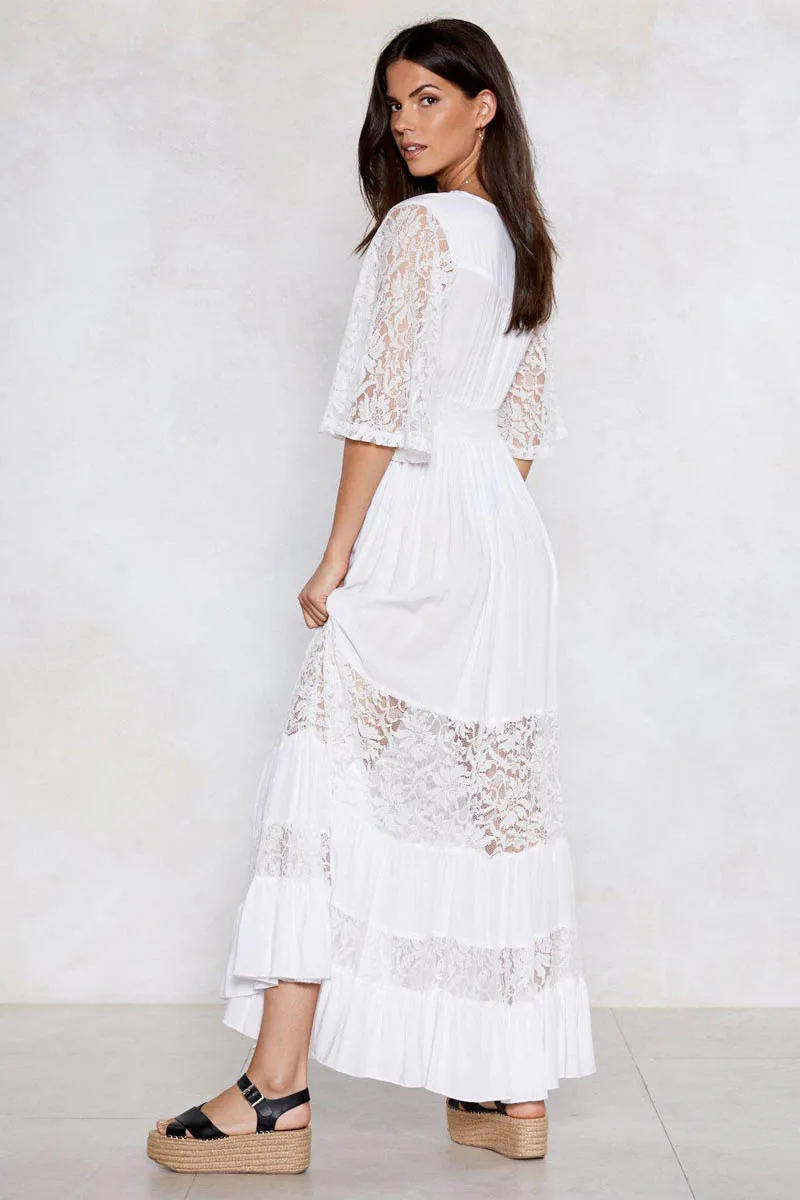Кружевное белое длинное платье в стиле пэчворк, богемное платье с v-образным вырезом и кисточками, сексуальные платья макси для женщин, распродажа
