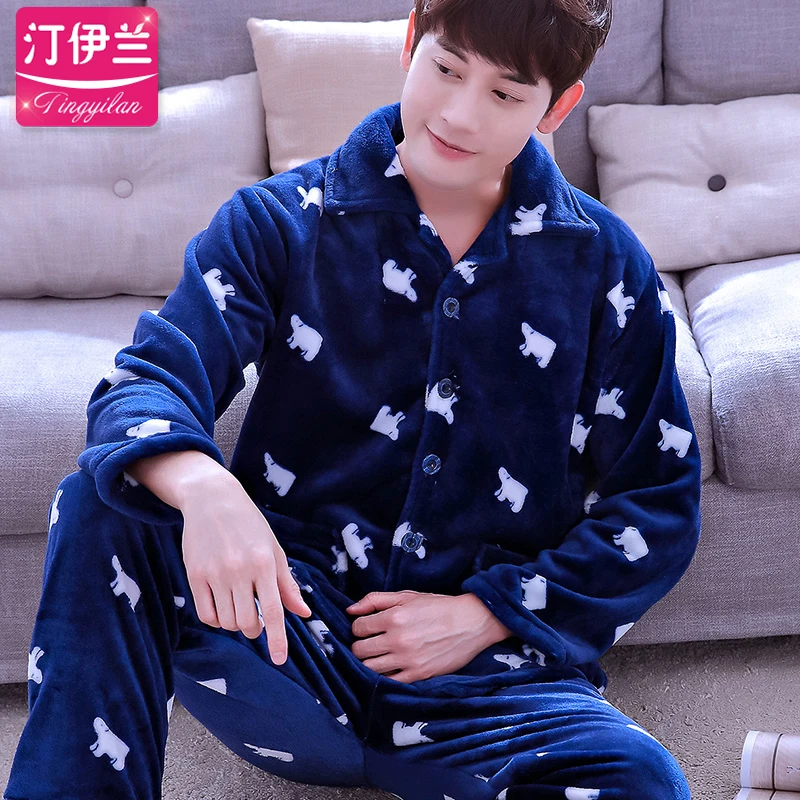 Men Pajama Sets Winter Autumn Coral Fleece Warm Men Sleepwear Suits Thick Homewear Long Sleeve Pijama Man Sleep Pyjama XXXL - Цвет: blue men pajama