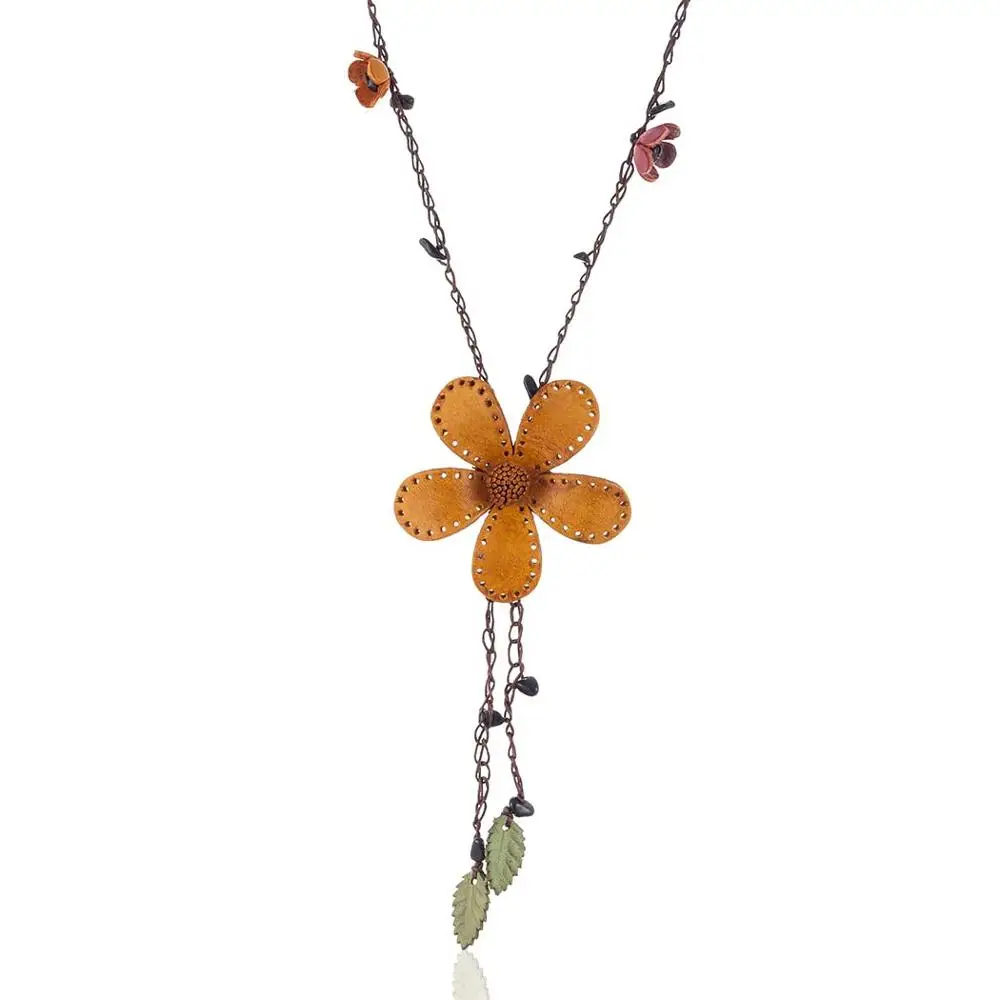 Винтажное ожерелье из натуральной кожи с подвеской в виде цветка, ожерелья и подвески,, ювелирные изделия из растений, колье - Окраска металла: Yellow