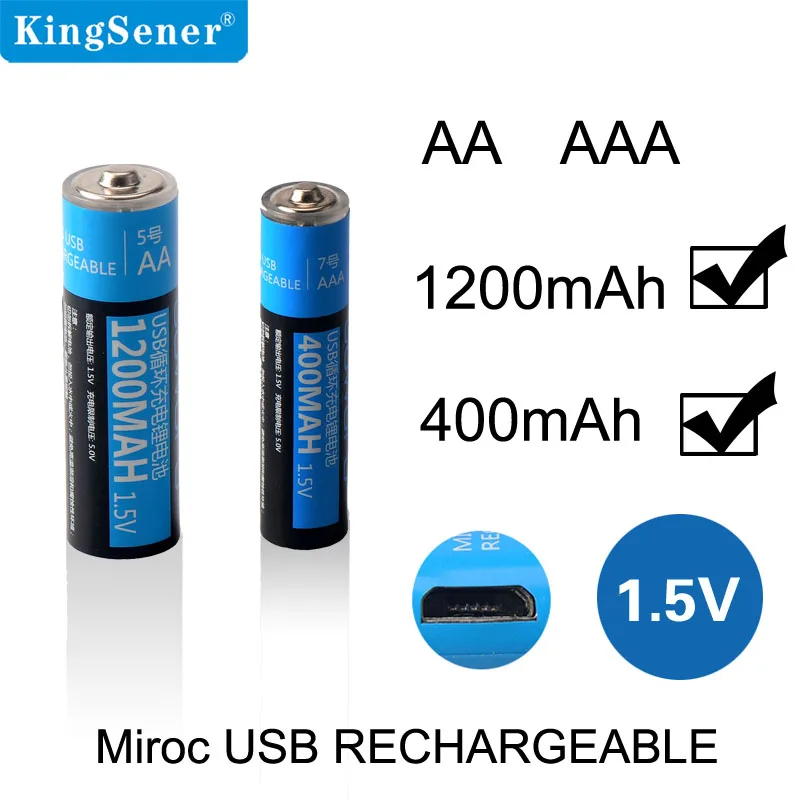 Kingsener USB Перезаряжаемые Батарея 1,5 V AA 1000 мАч литий-полимерный аккумулятор Батарея быстрой зарядки с разъемом Micro-USB кабель 2 шт./4 шт./компл