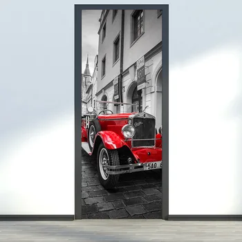 

3D Red Pula Car in Prague Square Sticker Wooden Door Refurbished PVC Sticker Self-adhesive Decoration Home Decor 200x38.5cm 2pcs
