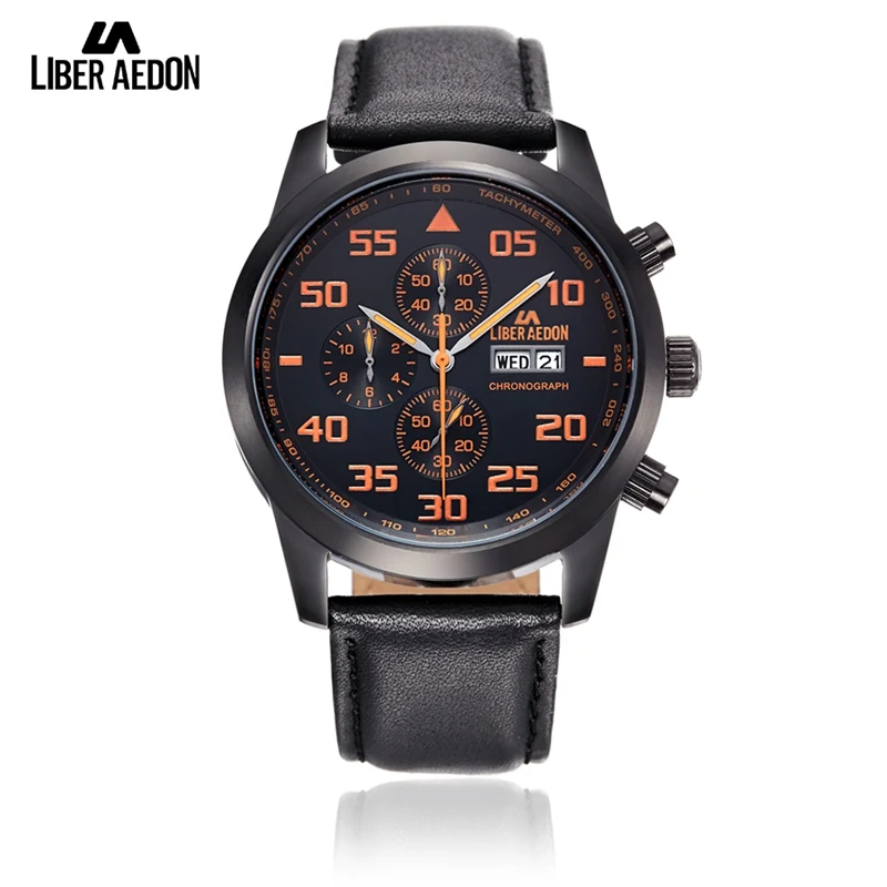

Liber Aedon Multifunctional Sport Men Watches Orange Dial Leather Watchband Quartz Wristwatches montre homme Anniversary gift