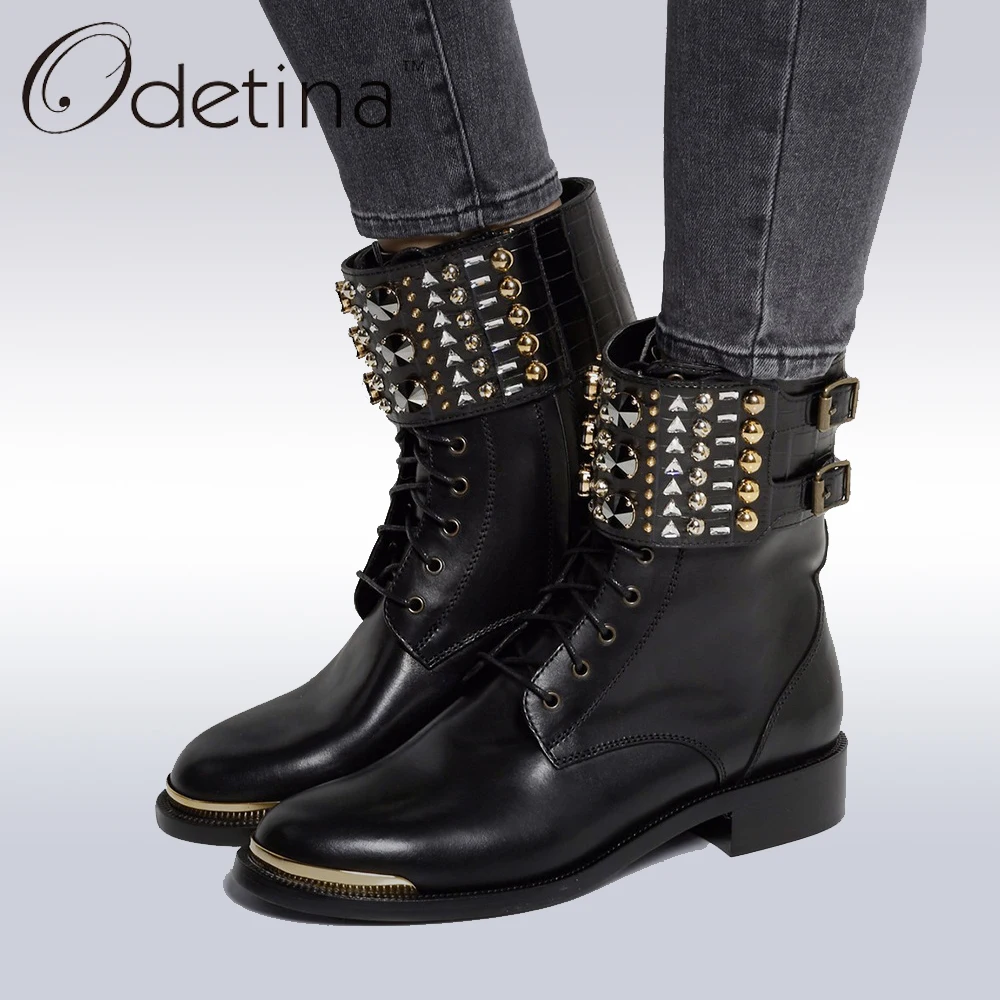 

Odetina 2017 Brand New Fashion Woman Ankle Boots Rivets Lace Up Short Boots Metal Decoration Abkle Strap Flat Booties Round Toe