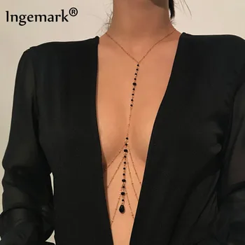 Sexy Multilayer Tassel Bead Belly Waist Chains Beach Bikini Slave Women Black Crystal Pendant Trendy Body Necklace Charm Jewelry