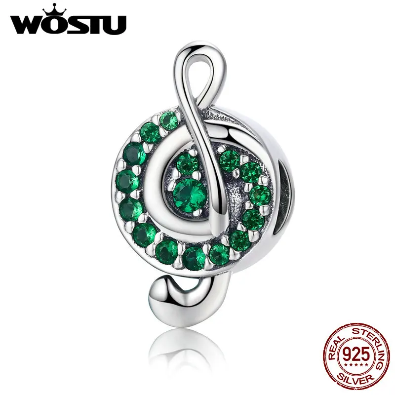 WOSTU New Collection 925 Sterling Silver I Love Music Note Green Clear CZ Beads Fit Charm Bracelet Beads Jewelry Gift DXC450