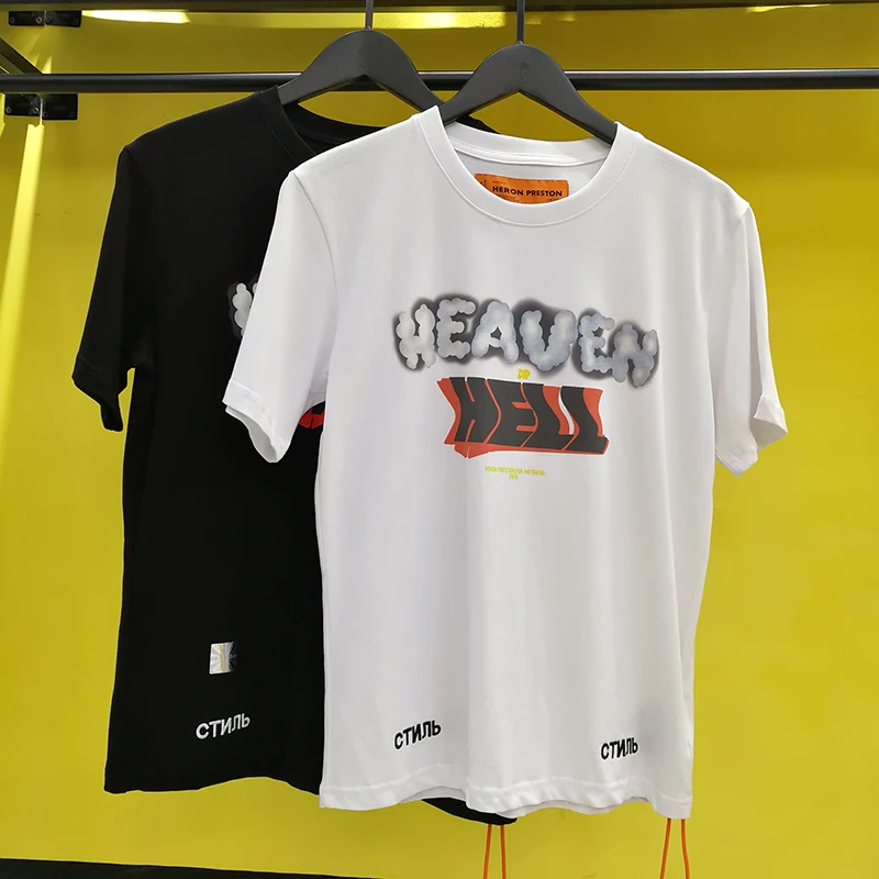 

Heron Preston New Arrival Black White Heaven Or Hell Print Logo T shirt Men 1:1 Cotton Casual HP T shirt "STYLE"Short Sleeve Tee