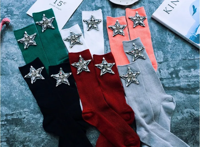 

gtglad New Women Socks Rhinestone Five-pointed star Fashion korea Socks Shiny Harajuku Soft Ladies Funny Socks Elastic Hosiery