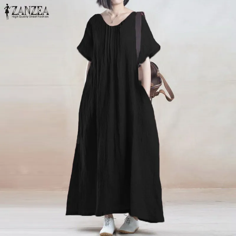 Buy Cheap Summer Dress 2017 ZANZEA Women Vintage Casual Loose Solid Long Maxi Dresses Short Sleeve O Neck Cotton Vestidos Plus Size