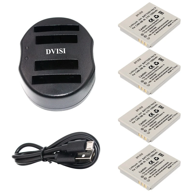 DVISI 4pcs NB-4L NB 4L Camera Rechargeable Battery with USB Dual Charger for Canon Digital 100 110 30 IS IXY 10 SD300 | Электроника