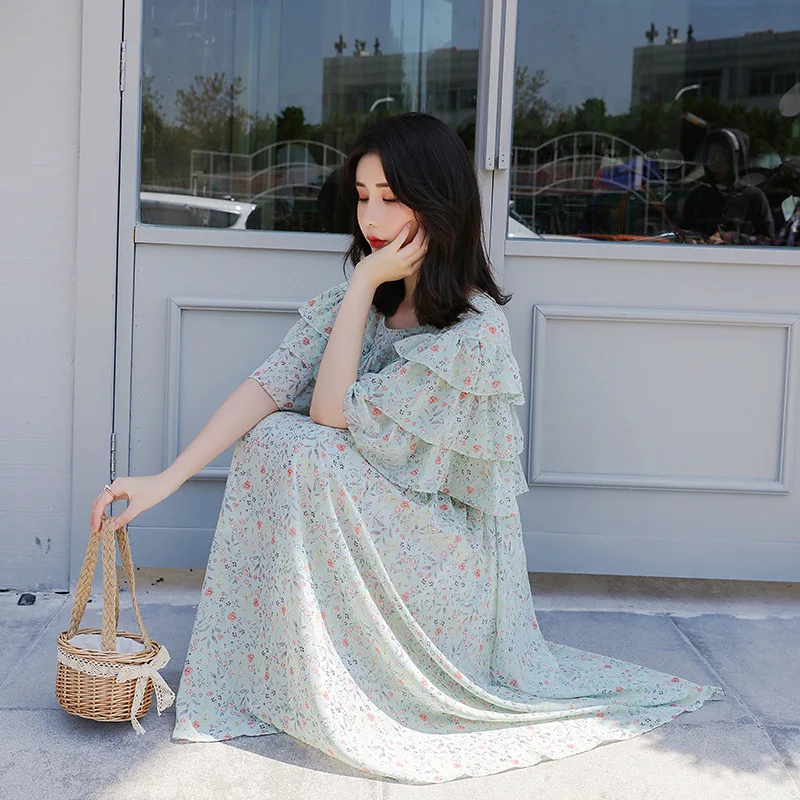 Модные летние платья для беременных в Корейском стиле с цветочным принтом, милое шифоновое платье для беременных с коротким рукавом, большие размеры