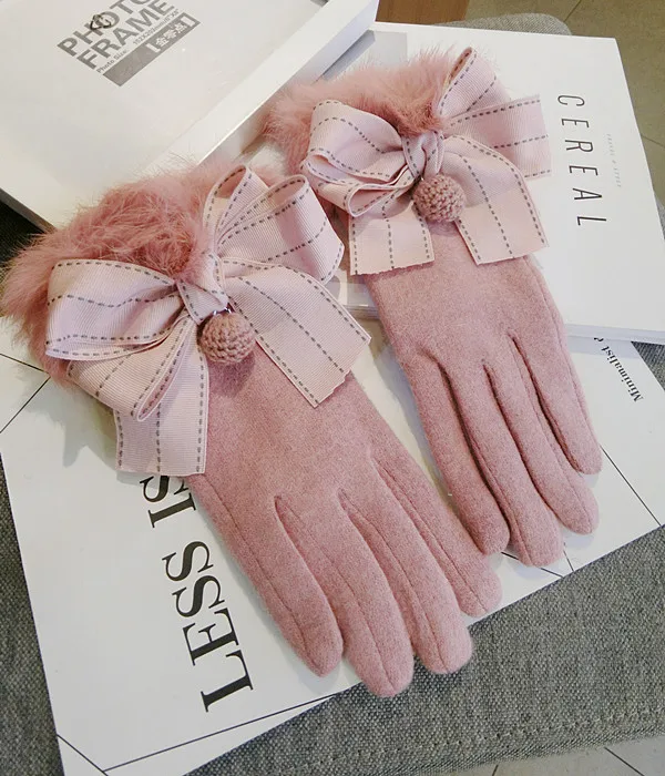 Новые корейские перчатки с сенсорным экраном, Лисий мех, шерсть, нейлон, бант, теплые вязаные женские перчатки на весну и зиму, серые, розовые, толстые варежки