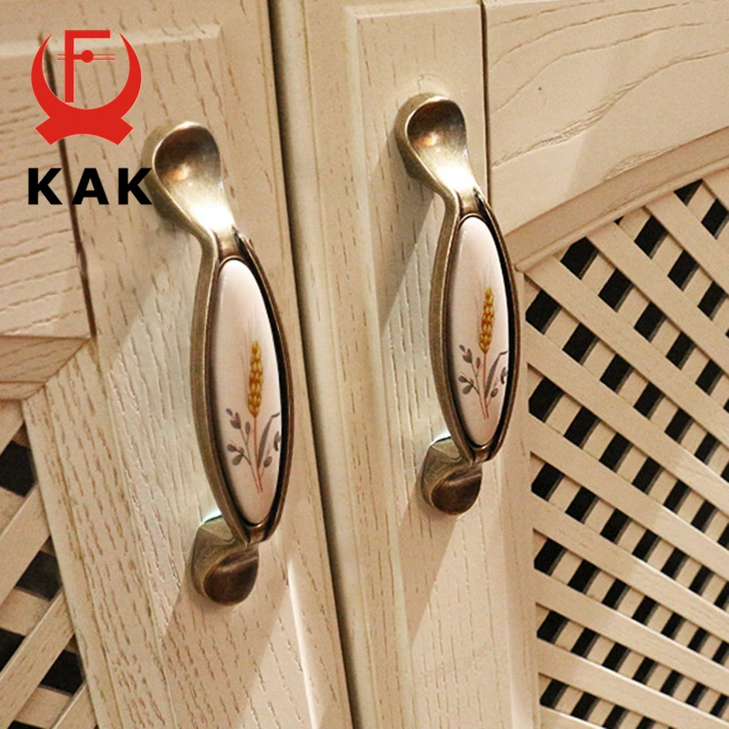 KAK Antique Bronze Ceramic Cabinet Handles Zinc Alloy Drawer Knobs Pulls Wardrobe Door Handle European Furniture Handle Hardware