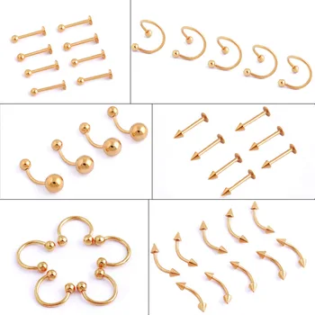 

2 Pcs/Lot 10 Style Design Gold Surgical Steel Eyebrow Navel Belly Lip Tongue Ring Nose Bar Rings Body Piercing Jewelry Wholesale