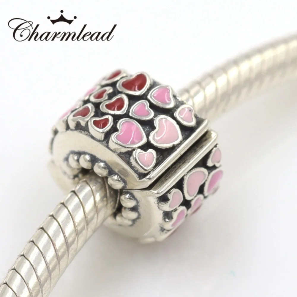 Charmlead Fit Pandora Charms Bracelet 925 Sterling Silver Charms Pink Heart Clip Stop Charm