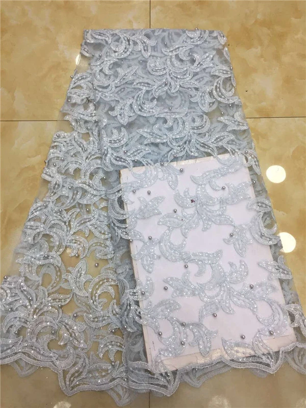 New Design Embroidery French Luxury lace Fabric With beads For Dresses Quality Tulle Lace Fabric Mesh Lace 5 Yards
