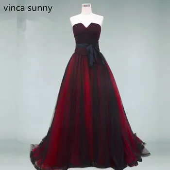 

Gothic Burgundy Black Evening Dresses 2020 Real Photo Strapless Lace Up Back Floor Length A Line Vestido De Festa De Casamento