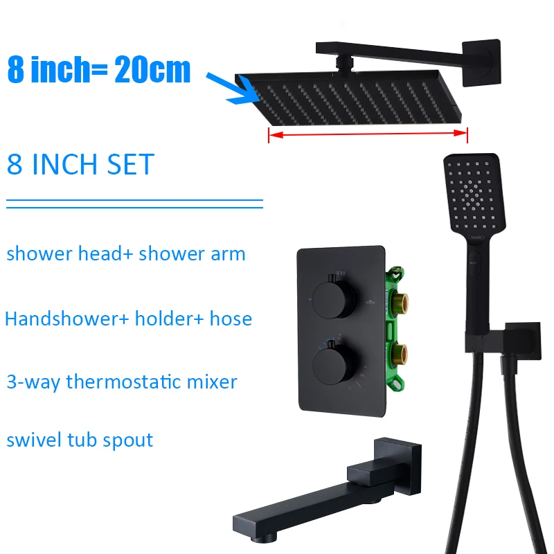 Quyanre черный Термостатические смесители душ комплект 3-способ черный термостатический встраиваемая коробка Поворотный ванна носик черный смеситель для душа - Цвет: 8 inch set
