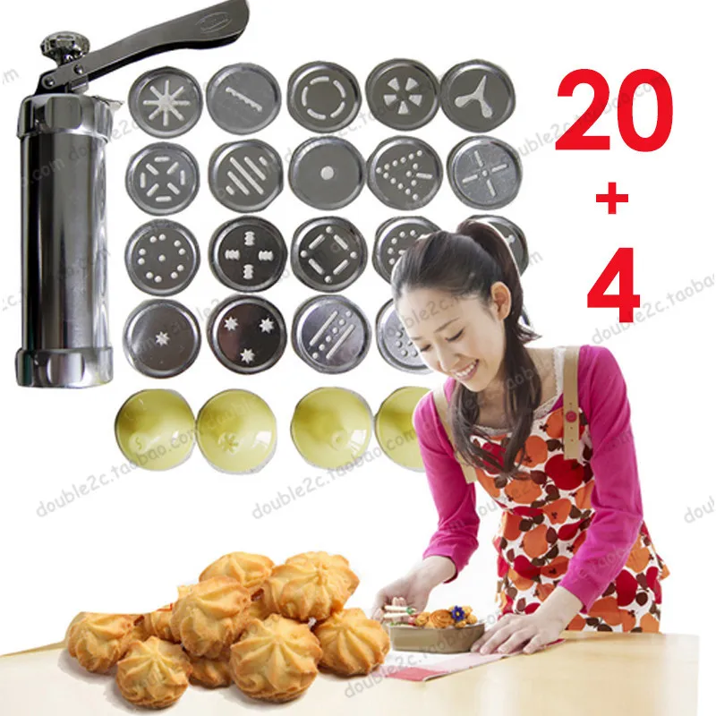 

Cookie press gun with tip,stainless steel cookie press,4 nozzle+20 stamp,biscuits press machine,cookie tools decorating