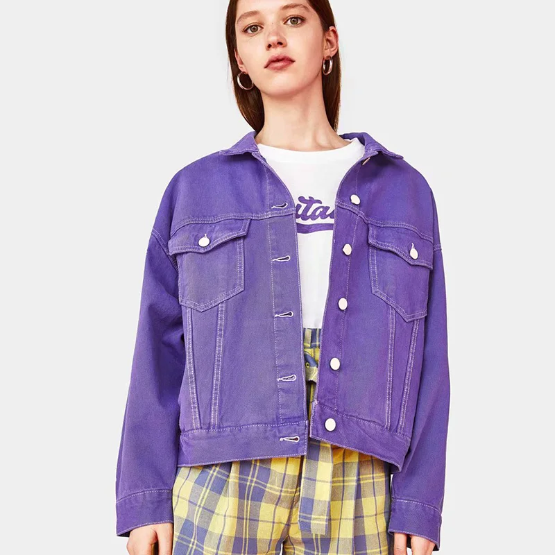 Джинсовое пальто, женская однобортная куртка, уличная куртка, осенняя Европейская Свободная джинсовая куртка для женщин, повседневное фиолетовое Пальто Harajuku