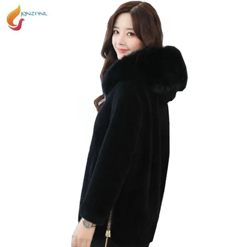 

JQNZHNL 2019 Autumn Winter New Fahsion Fur Jacket Casual Hooded Warm Fur Jacket Slim Large size Women High quality Fur Coat G360