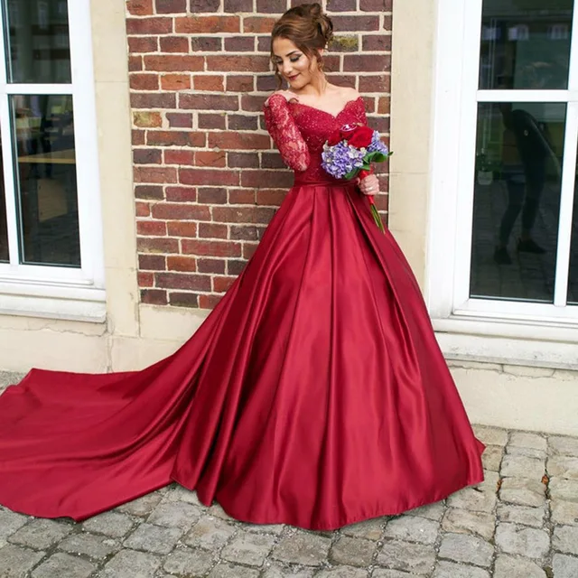 Luxurious Sexy Dark Red Long Sleeve Prom Dresses Ball Gown Engagement 