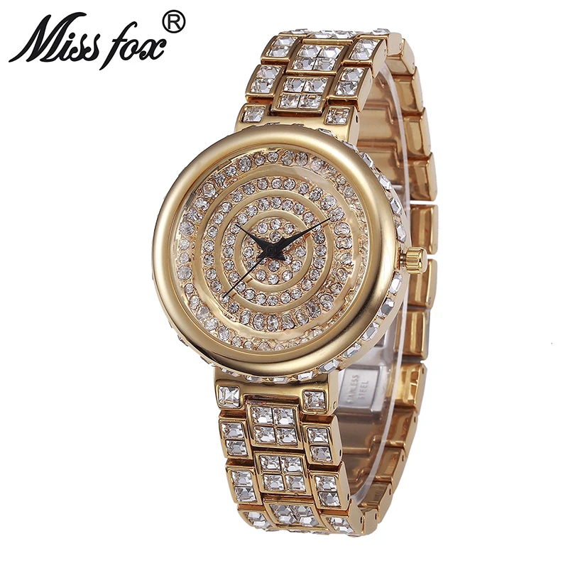 MISSFOX супер блестящие Кварцевые часы женские круглые позолоченные черные аналоговые китайские часы Стразы Ouro противоударные водонепроницаемые часы