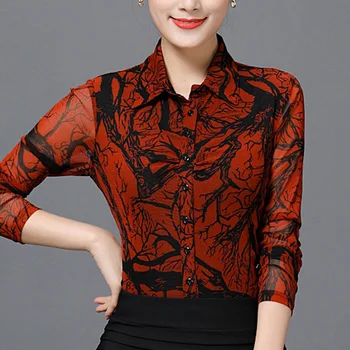 

Spring Fall Fashion Women Female Floral Printed Pattern Long Sleeve Blouse , Casual Woman 3XL Red Stretch Mesh Blouses Shirt