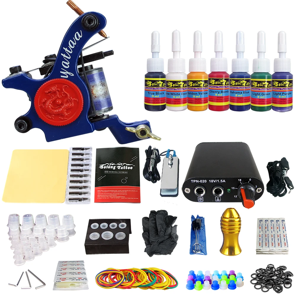 

Solong Tattoo Complete Beginner Tattoo Kit 1 machine Gun 7 Color Inks Power Supply Grips Foot Petal Needles Set TK105-69