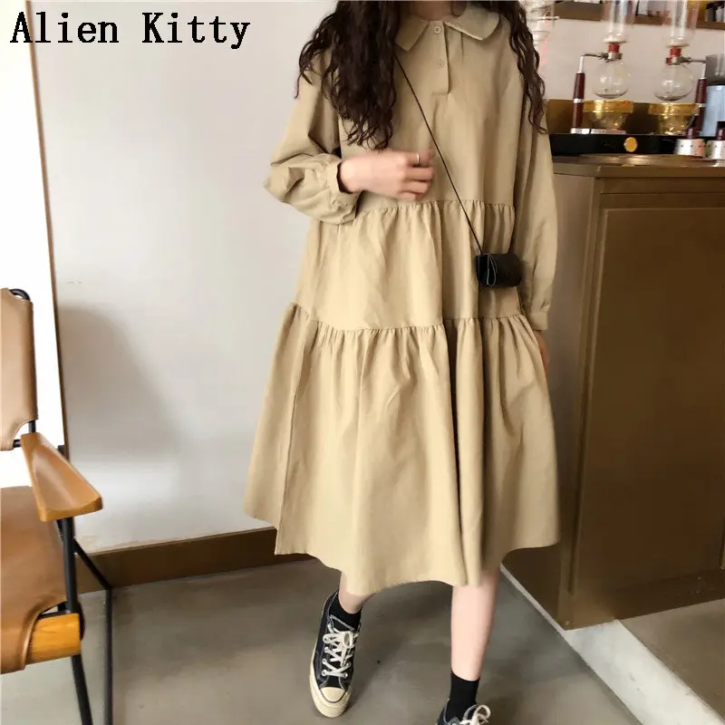 

Alien Kitty Sweet Patchwork Peter Pan Collar Casual Ruffles Buttons Loose Summer Solid Women All-Match Mid-Calf Dress 2 Colors