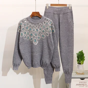 

High Quality 2 Piece Set Women Sequined Knitted Sweaters Trousers Pants Suit European style knitting Pullover Trousers Women Set