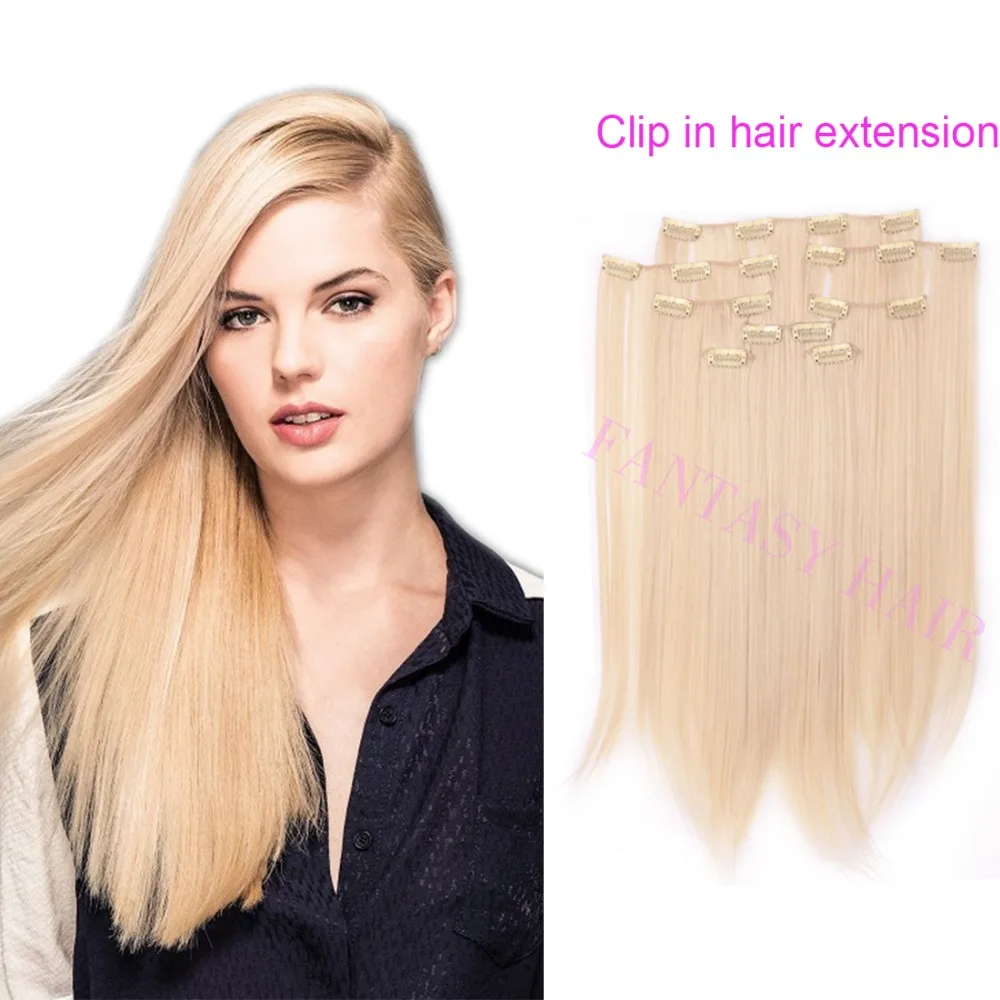 heat resistant golden hair long straight full head clip in synthetic