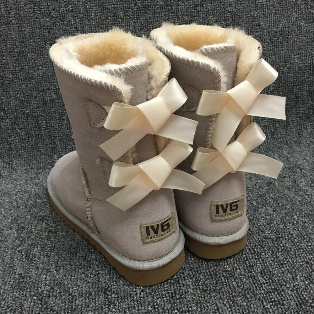 

New Fashion Ugs Women Snow Boots 2-Bow Back Decoration Australian Style Cow Suede Leather Winter Lady Outdoor Boots Brand Ivg