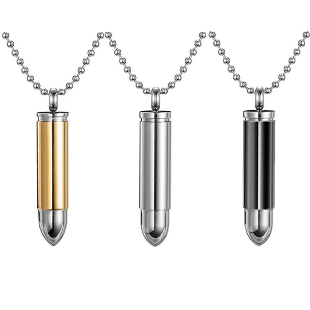 Stainless Steel Bullet Pendant Necklace Memorial Cremation Ash Urn Vial