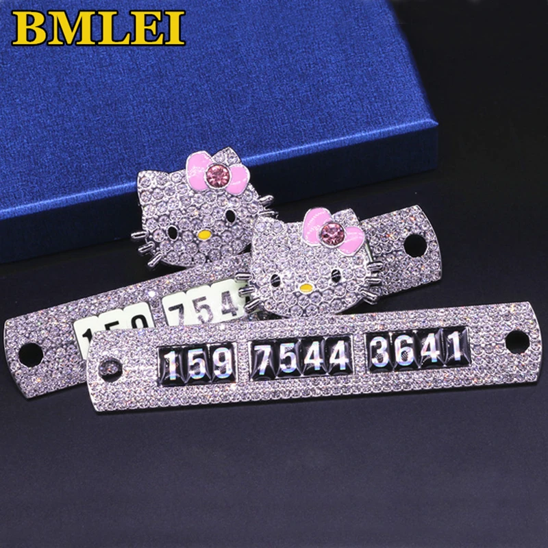

Bling Cute Cartoon Hello Kitty Car Temporary Parking Telephone Phone Number Card Plate Auto Alloy with Diamond Creative Plates