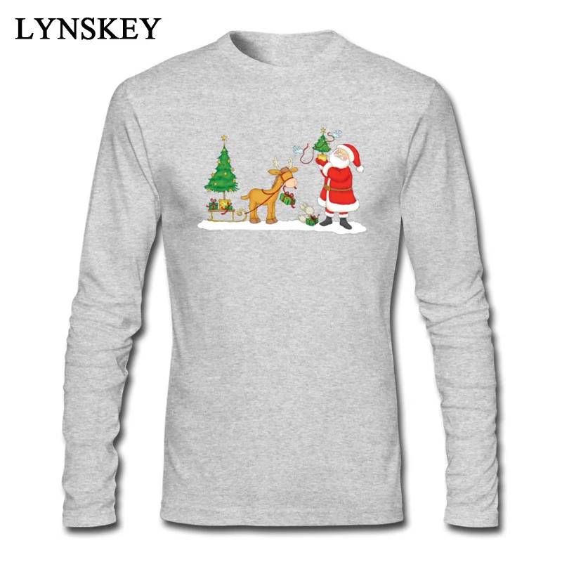 Олень Санта Клауса, рождественская елка, длинный рукав, Мужская футболка, семейные вечерние топы, футболки, хлопчатобумажная футболка - Цвет: Серый
