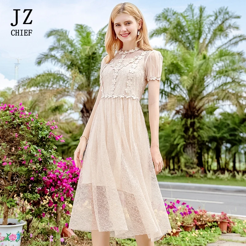 JZ CHIEG Womens sweet lace dress appliques o neck zipper lace up long ...