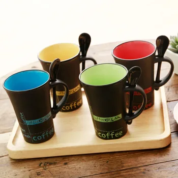 

Simple Ceramic Mugs with Spoon Colorful Moring Mug with Spoon Milk Coffee Tea Unique Porcelain Mugs Good Gift SH34
