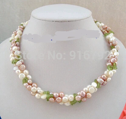 

YH@CS >>>3strands 8mm white purple baroque freshwater pearls green peridot necklace