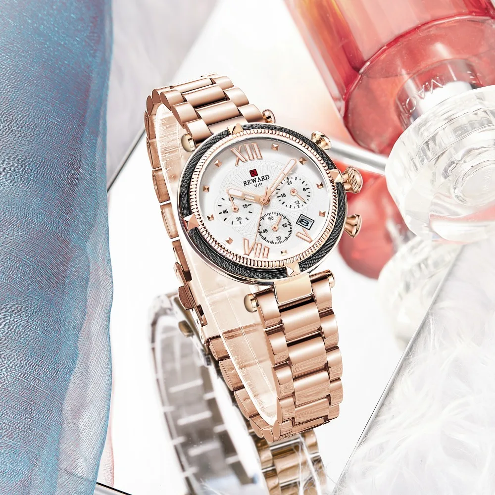 Награда Повседневное платье розовое золото часы женские кварцевые хронограф часы полный стальной ремешок водонепроницаемый люксовый