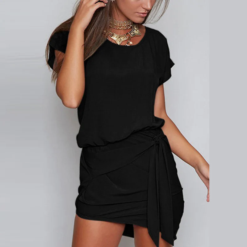 

2019 Summer Dress Women Party Mini Shirt Dress Short Sleeve Lace Up Casual Irregular O Neck Dresses Sundress Beach Vestido