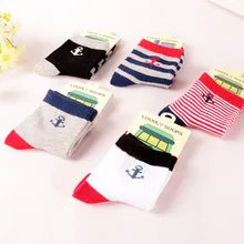 Casual boys socks 2016 fashion anchor striped print 100% cotton boy kids sock multi color, 5 Pairs / Lot